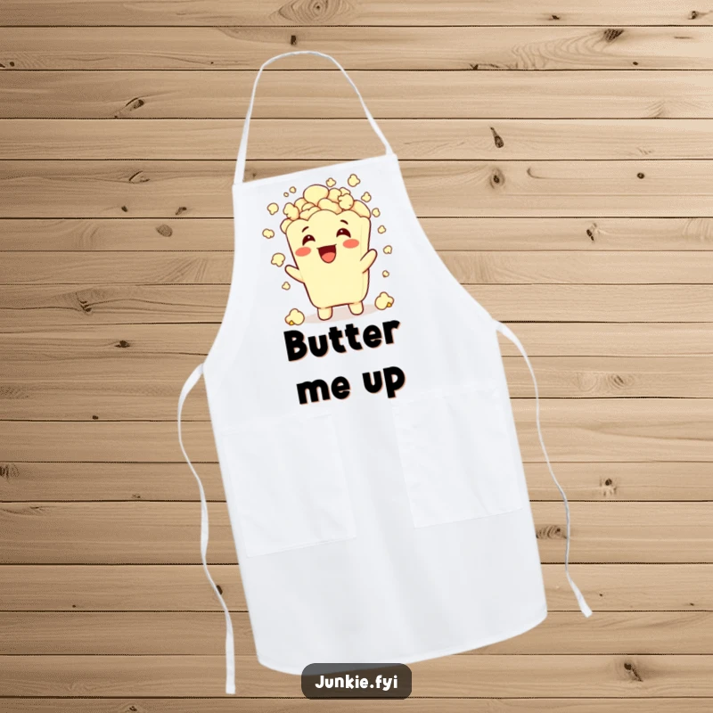 Funny popcorn character joyfully showering itself with popcorn, perfect for a humorous kitchen apron.