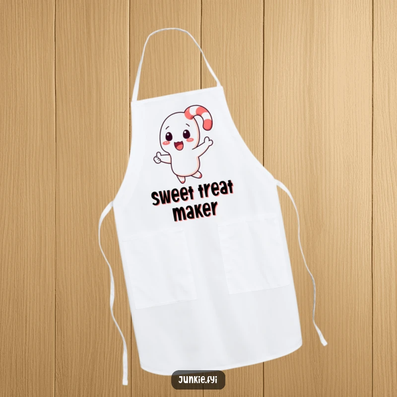Funny candy cane character boomeranging back to a hand while wearing a chef apron, adding festive humor.