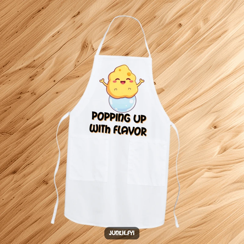 Funny apron showing a grinning cheese puff floating triumphantly on a bubble, a cheerful kitchen accessory.
