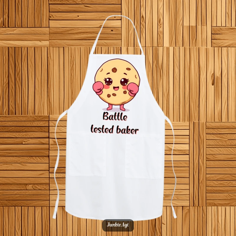 Funny cookie character with chip accents and tiny boxing gloves on a chef's apron, ideal for cooking.