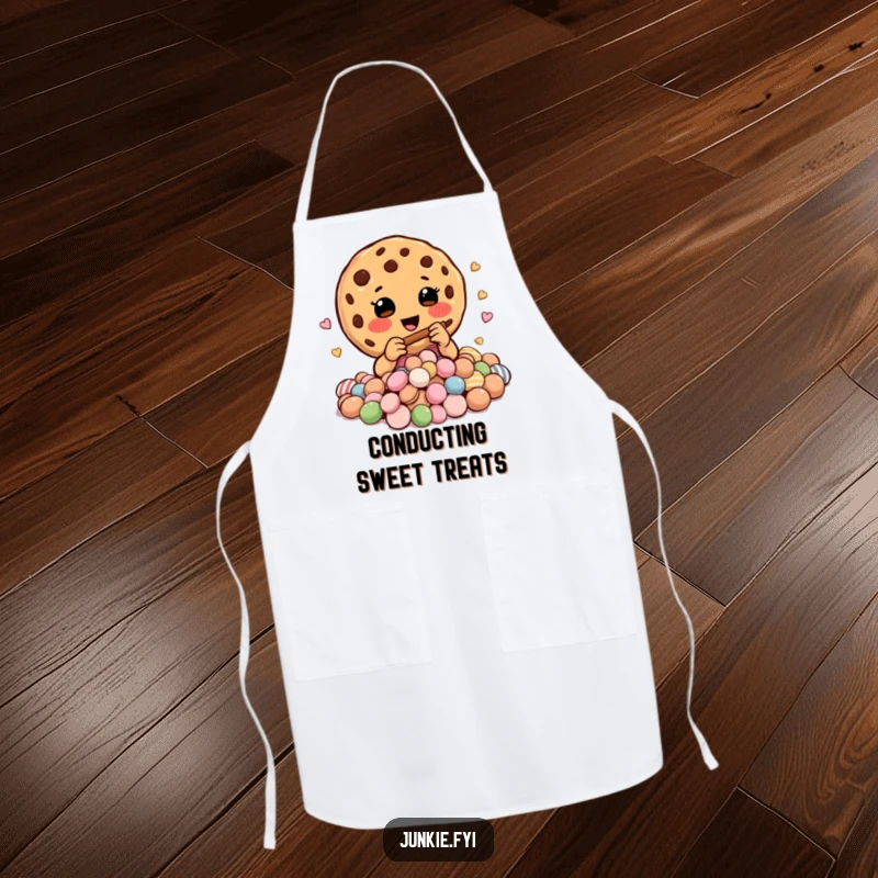 Funny apron showcasing a happy cookie charmer playing a tiny flute, charming a pile of colorful candies.