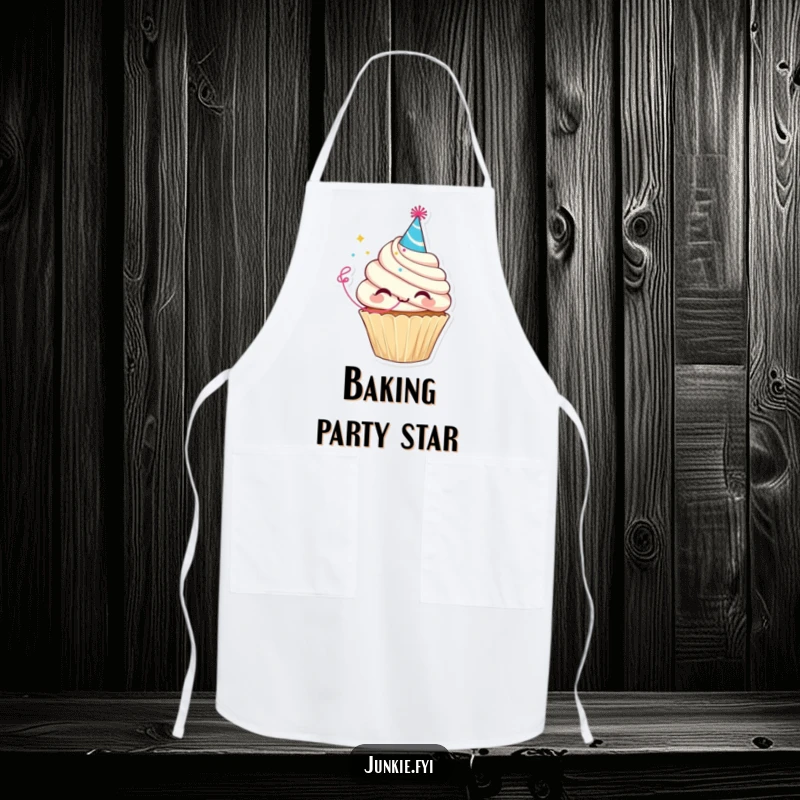 Funny apron with a delighted cupcake character wearing a party hat and blowing a streamer, ideal for kitchen celebrations.