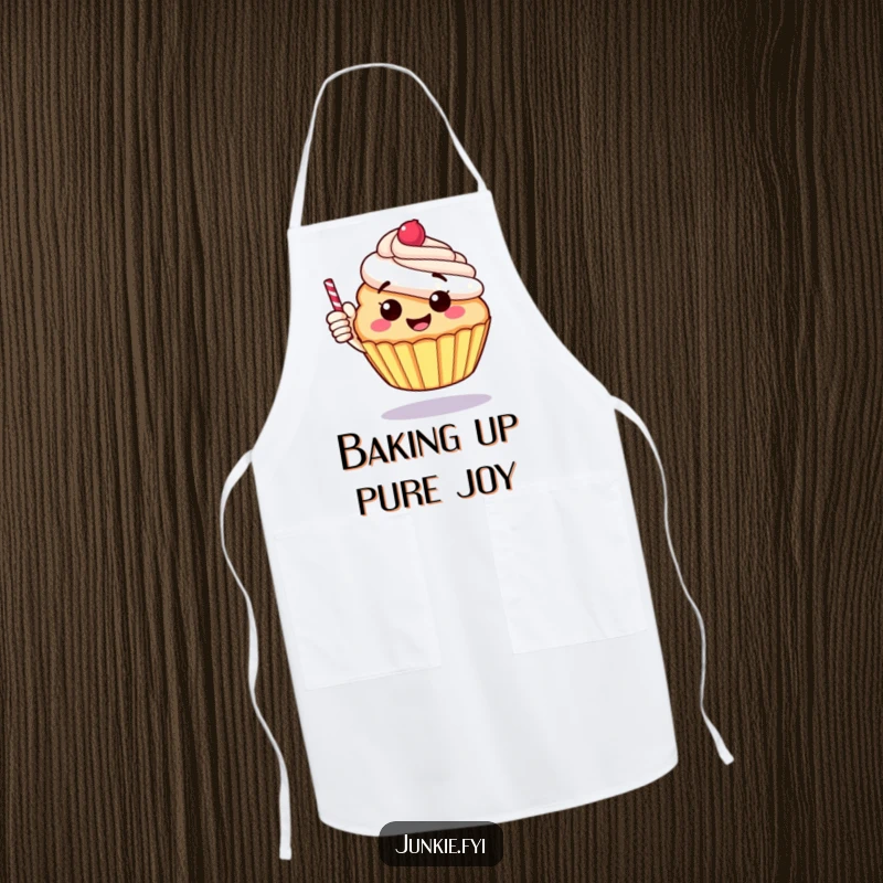 Funny apron showing a cheerful, round cupcake giving a thumbs up with a candy stick, a happy kitchen accessory.