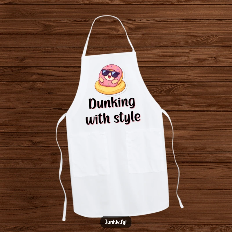 Funny Apron with a delighted donut wearing sunglasses lounging on a giant chip, perfect for kitchen fun and snack preparation.