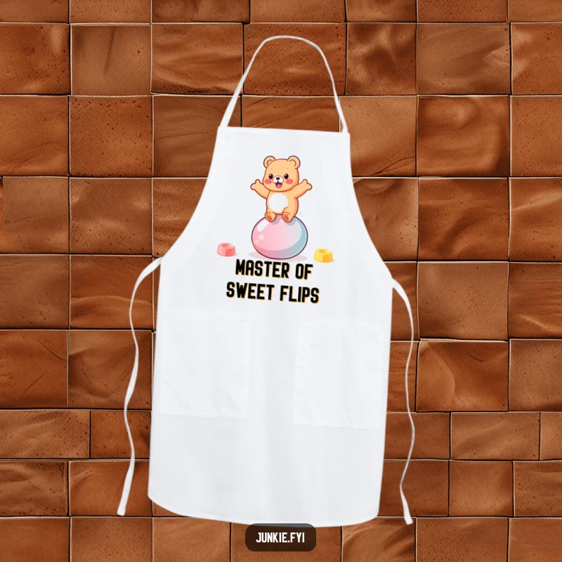 Funny gummy bear character bouncing gleefully on a giant jellybean on a chef's apron, ideal for cooking.