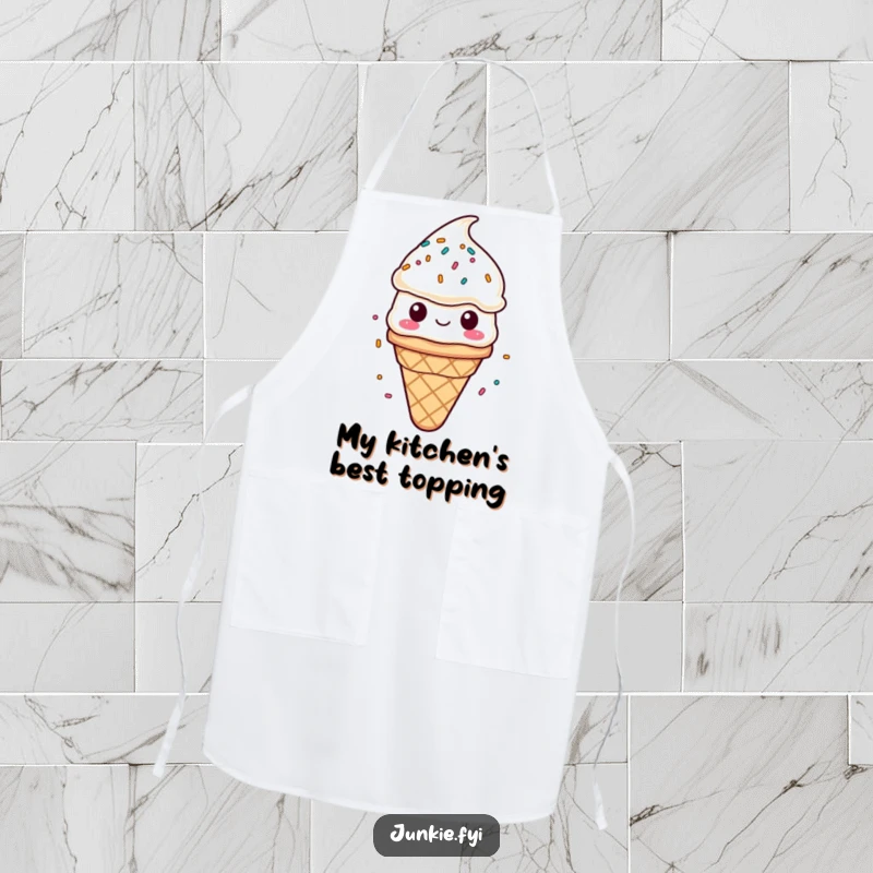 Funny apron featuring a content ice cream cone character showering in sprinkles. Great for kitchen fun.