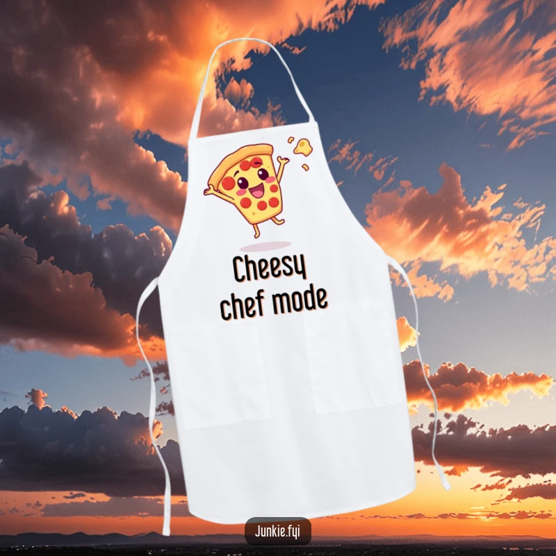 Funny pizza slice character doing a cartwheel with cheese flying, perfect for a humorous kitchen apron.