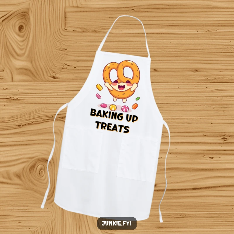 Funny pretzel character focused on catching candy pieces while wearing a chef apron, adding humor to cooking.