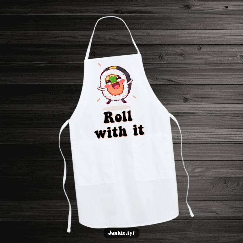 Funny sushi roll apron, mid-cartwheel with a gleeful look and detached nori strip, celebrating culinary fun and humor.