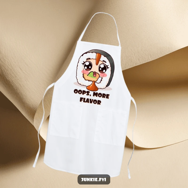 Funny apron showcasing a surprised sushi roll with wide eyes, comically trying to catch a falling dollop of soy sauce.