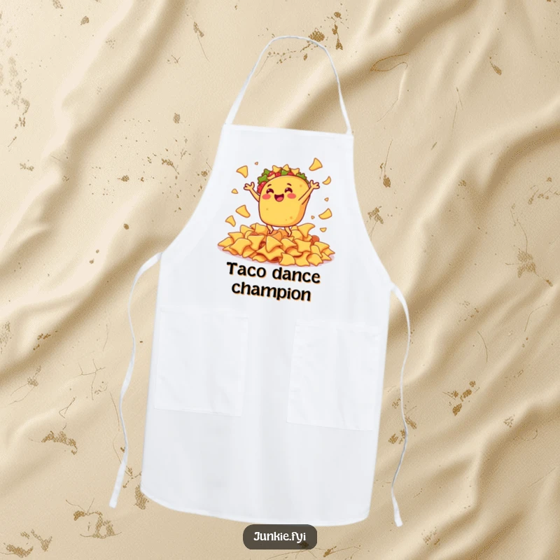 Funny apron showcasing a gleeful taco doing a joyful jig surrounded by a pile of crunchy nacho chips.