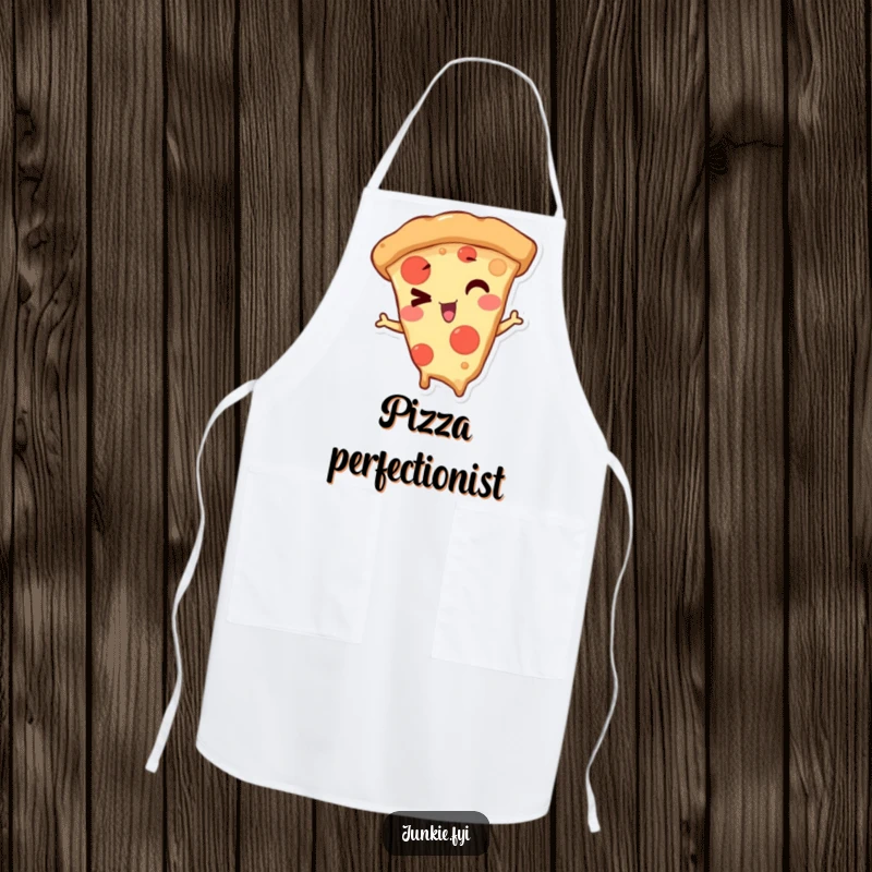 Funny Apron with a mischievous pizza slice character winking playfully, perfect for kitchen fun and protecting clothes with style.