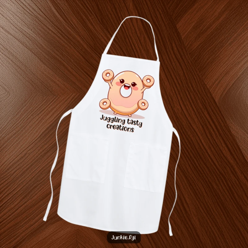 Funny apron showing a smiling, wobbly jelly donut happily juggling three tiny donuts, a cheerful kitchen accessory.