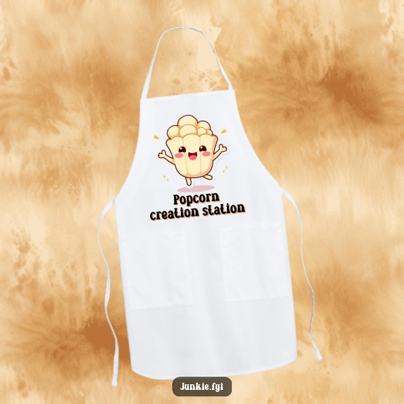 Funny Kawaii Popcorn Apron: A cute anthropomorphic popcorn kernel bounces with excitement, making this a fun and functional kitchen item.