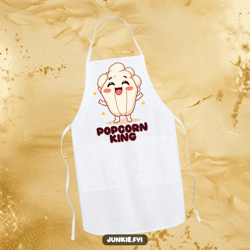 Funny popcorn kernel character giggling and bursting while wearing a chef apron, adding humor to cooking.