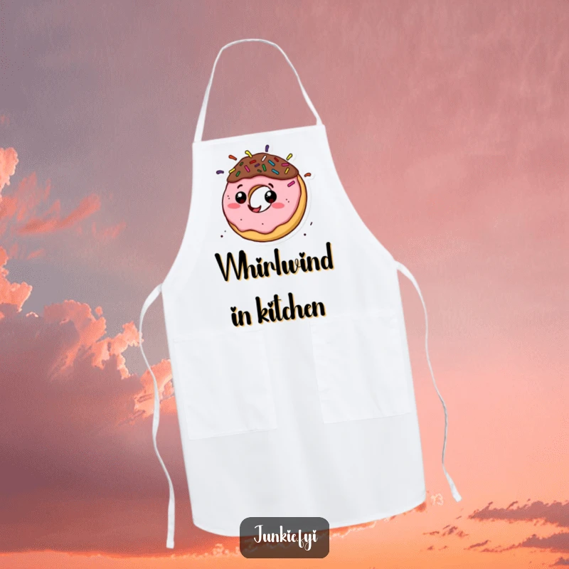 Funny donut character with sprinkle hair spinning quickly on a baker's apron, adding playful energy to cooking.