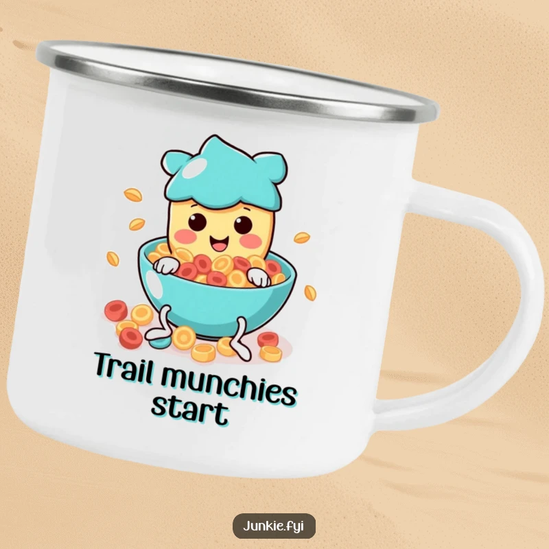 Funny Camping Mug: A smiling food character with wiggly legs dives into a swirling bowl of cereal during an outdoor adventure.