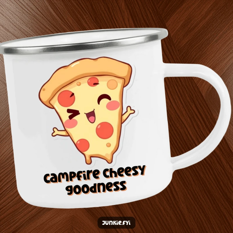 Funny Camping Mug with a mischievous pizza slice character winking playfully, perfect for outdoor beverages and pizza-themed fun.