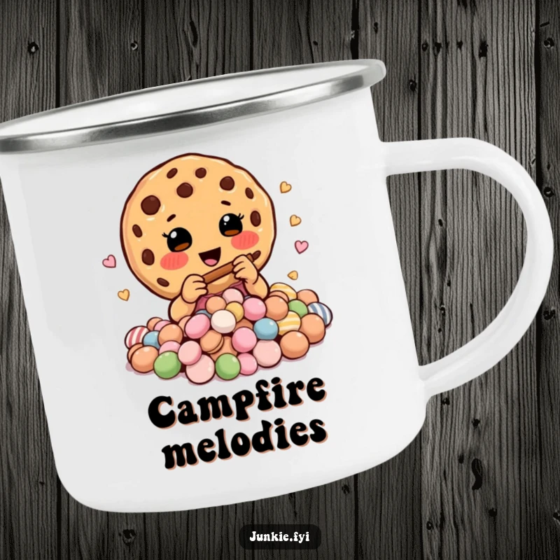 Funny camping mug showing a happy cookie charmer playing a tiny flute, charming a delightful pile of assorted candies.