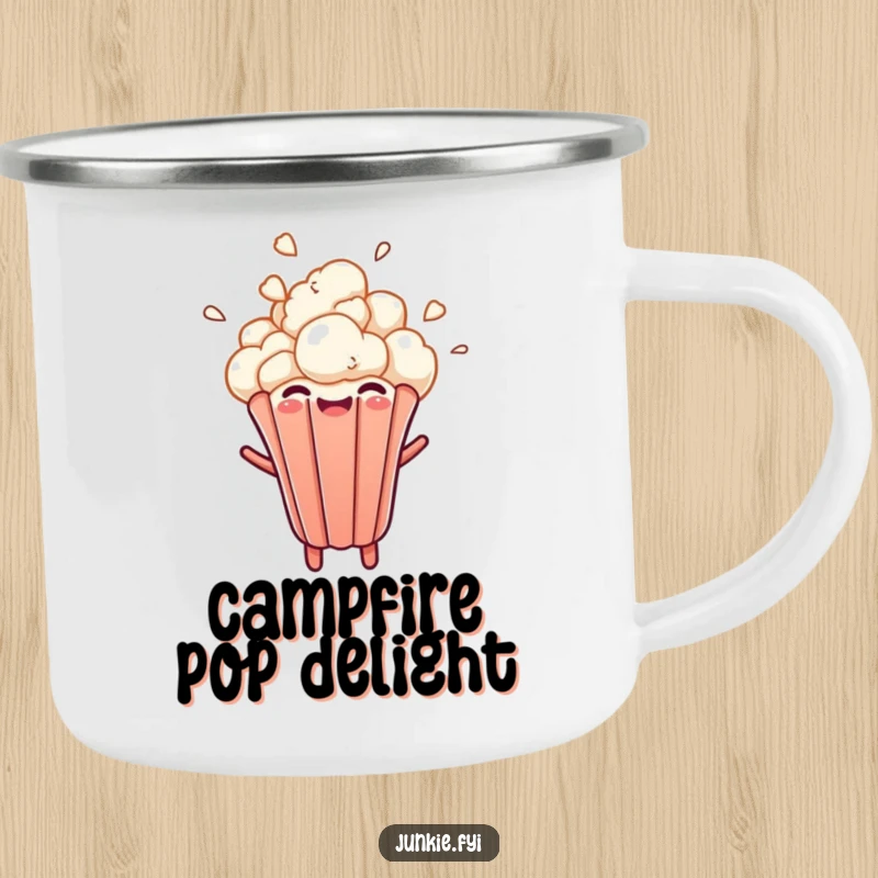 A popcorn kernel bursts upwards with joy on this fun camping mug, perfect for enjoying drinks outdoors with a smile.