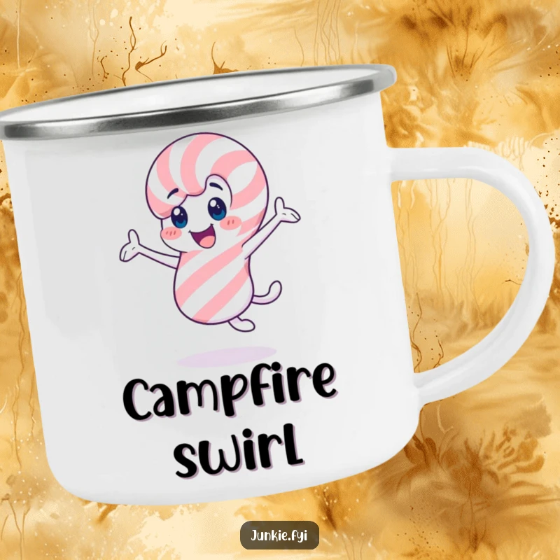 Funny candy cane camping mug, a cheerful character twirling enthusiastically, perfect for outdoor holiday enjoyment.