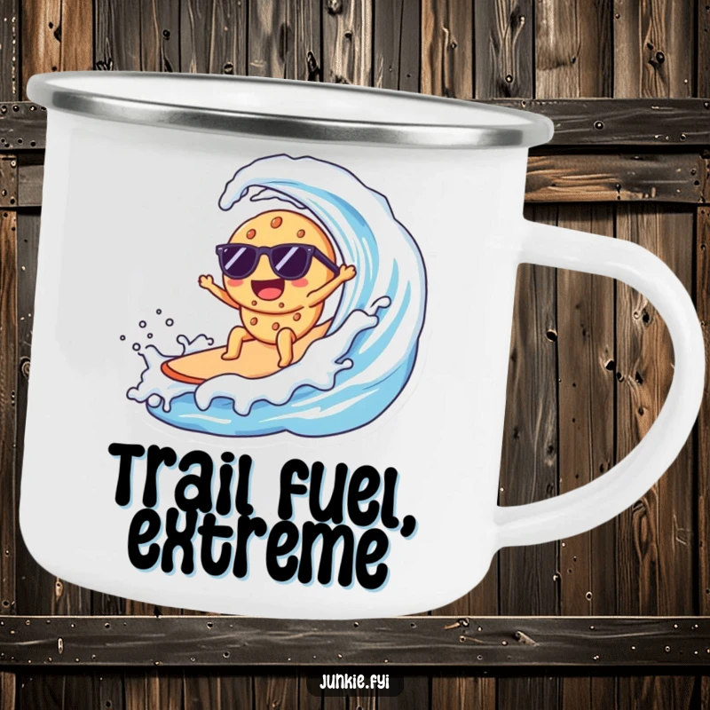 Funny Kawaii cookie with sunglasses, surfing a giant milk wave, rugged camping mug for adventures.