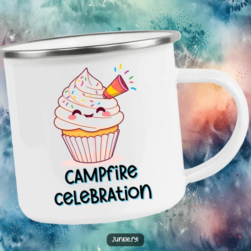 Funny Kawaii cupcake with a party horn spewing colorful sprinkles, rugged camping mug for outdoor fun.
