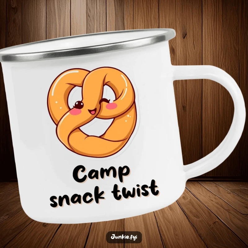 Funny Kawaii pretzel twisting into a shape with a smile, rugged camping mug for outdoor fun.