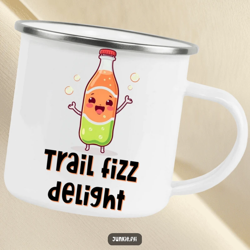 Funny Kawaii soda bottle dancing with escaping bubbles, rugged camping mug for outdoor enjoyment.