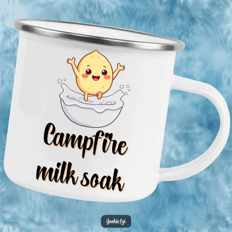 Funny camping mug featuring a gleeful food character with tiny legs leaping into a bubbly milk bath, perfect for whimsical outdoor moments.
