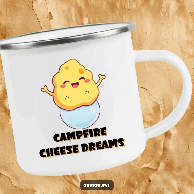 Funny camping mug with a grinning cheese puff floating triumphantly on a bubble, for outdoor laughs.