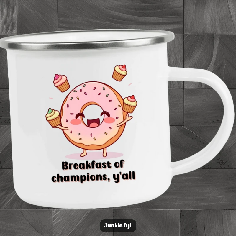 Funny donut character juggling cupcakes on a sturdy camping mug, designed for outdoor use and campfire enjoyment.