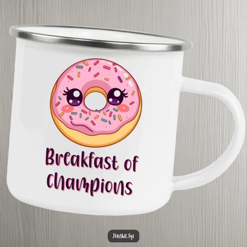 Funny camping mug showing a delighted donut with wide eyes, enthusiastically stuffing its face with mouth-watering colorful sprinkles.
