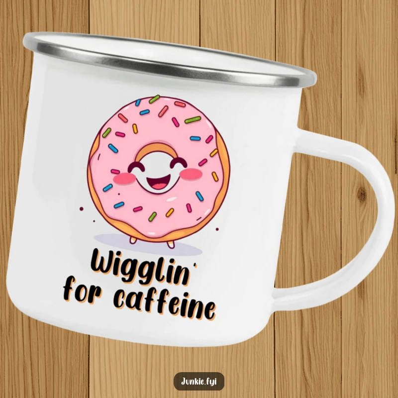 Funny donut camping mug, sprinkles raining down, character performing a happy wiggle, durable and cheerful for adventures.