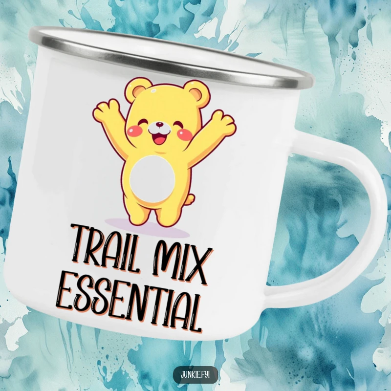 Funny gummy bear camping mug, a happy character doing a cartwheel with a delighted expression, perfect for outdoor joy.