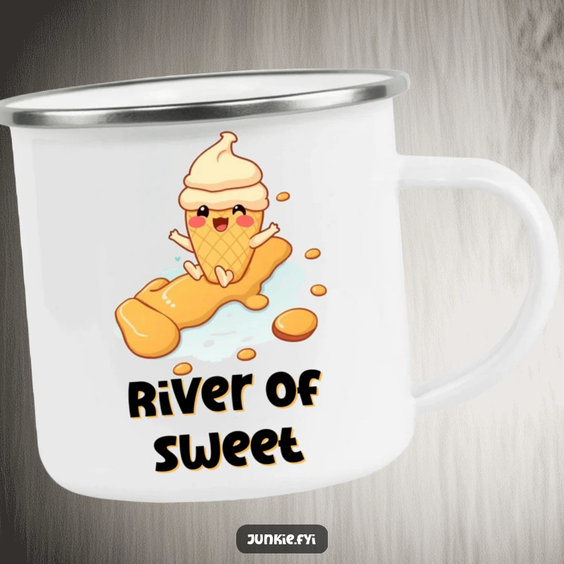 Durable funny ice cream cone character sliding down a caramel river, designed for outdoor use and humor.
