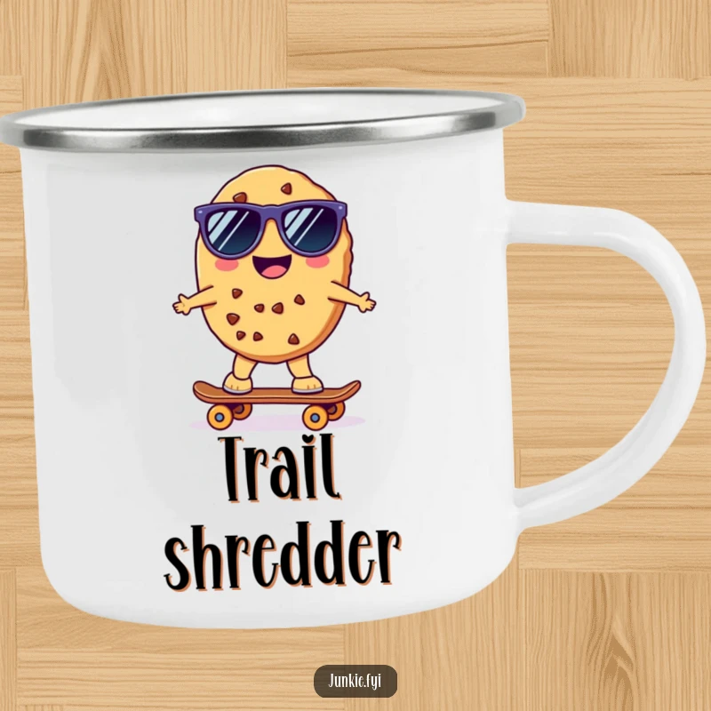 Funny Kawaii Skater Cookie Camping Mug: A cheerful anthropomorphic cookie wearing sunglasses rides a tiny skateboard around this durable and funny camping mug.