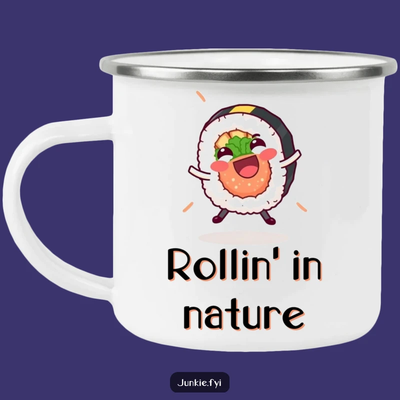 Funny Sushi Roll Cartwheel Camping Mug - Adventurous & Hilarious Gift