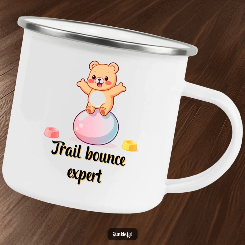 Funny gummy bear character bouncing gleefully on a giant jellybean on a sturdy camping mug.