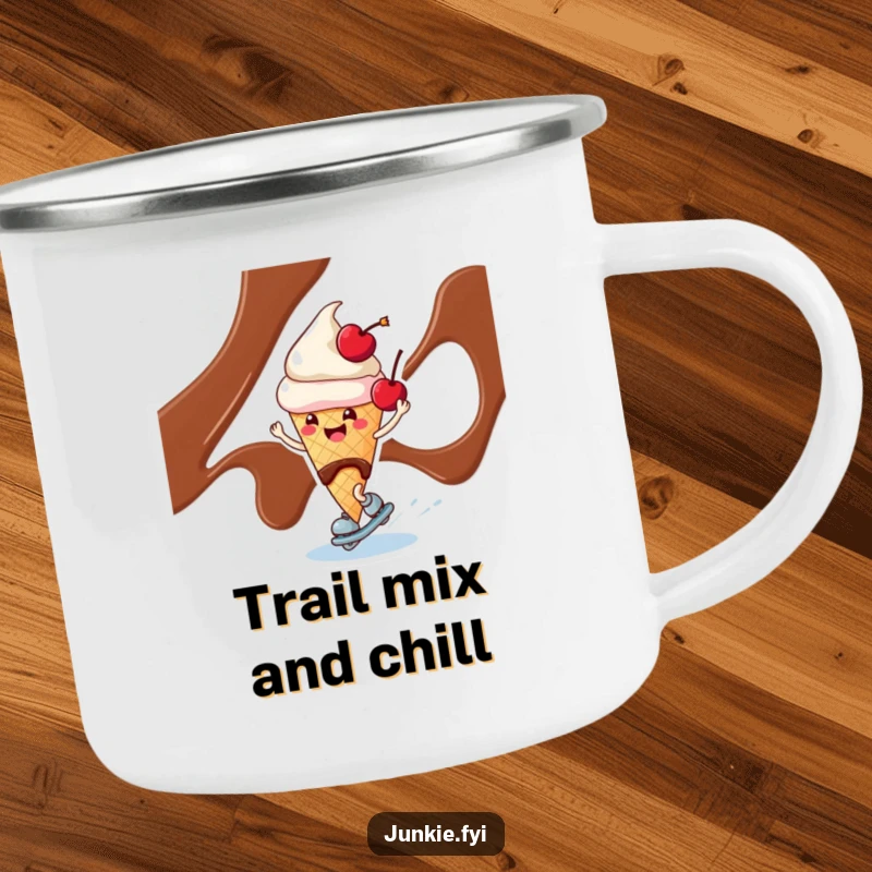 Funny ice cream cone character with a cherry, skating on chocolate syrup on a sturdy camping mug.