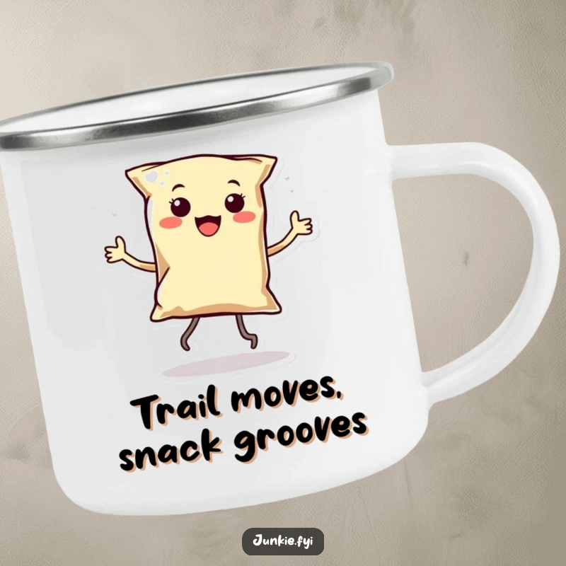 Funny Kawaii Chip Dancer Camping Mug: A smiling anthropomorphic bag of chips with tiny legs dances around this durable, funny mug for adventures.