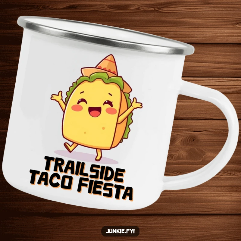 Funny camping mug with a delighted taco character doing a silly dance with a tiny sombrero, for outdoor laughs.