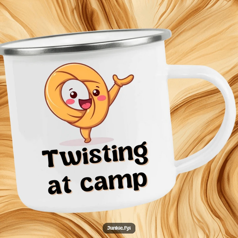 Funny camping mug with a happy pretzel character twisting joyfully in a cartwheel. Durable and amusing for outdoor use.
