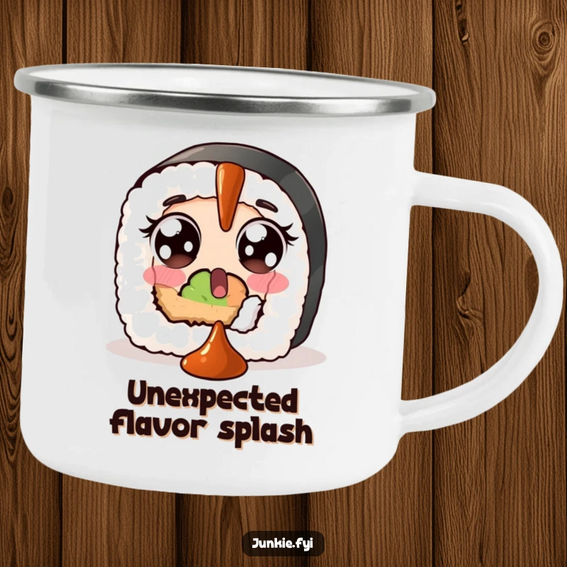 Funny camping mug showing a surprised sushi roll with wide eyes, comically trying to catch a falling dollop of soy sauce.