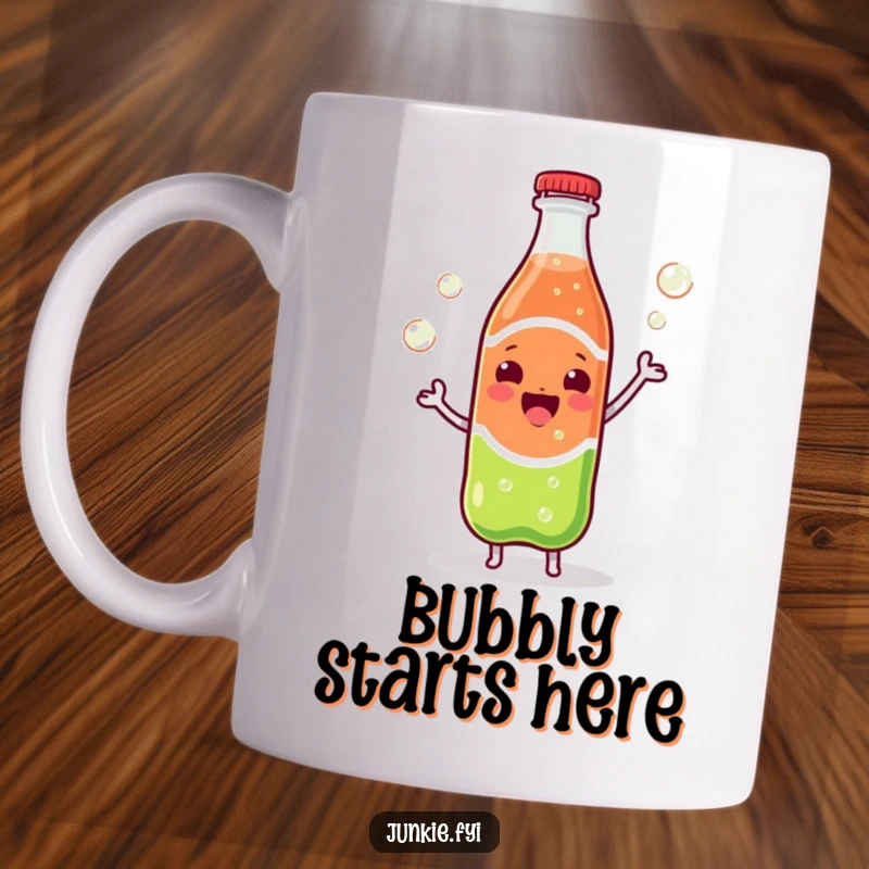 Funny Kawaii soda bottle with vigorously escaping bubbles, joyfully dancing, featured on a fun mug.