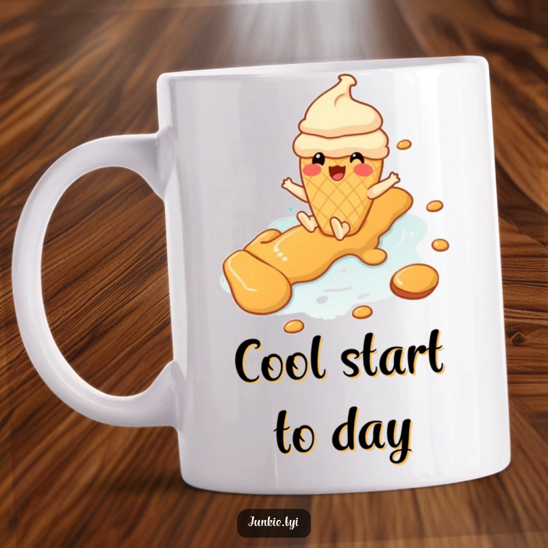 Funny ice cream cone character gleefully sliding down a caramel river, embodying sweet delight and fun.