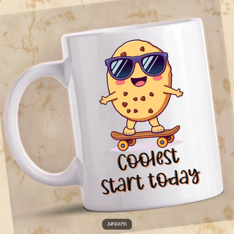Funny Kawaii Skater Cookie Mug: A cheerful anthropomorphic cookie wearing sunglasses rides a tiny skateboard, looking effortlessly cool.