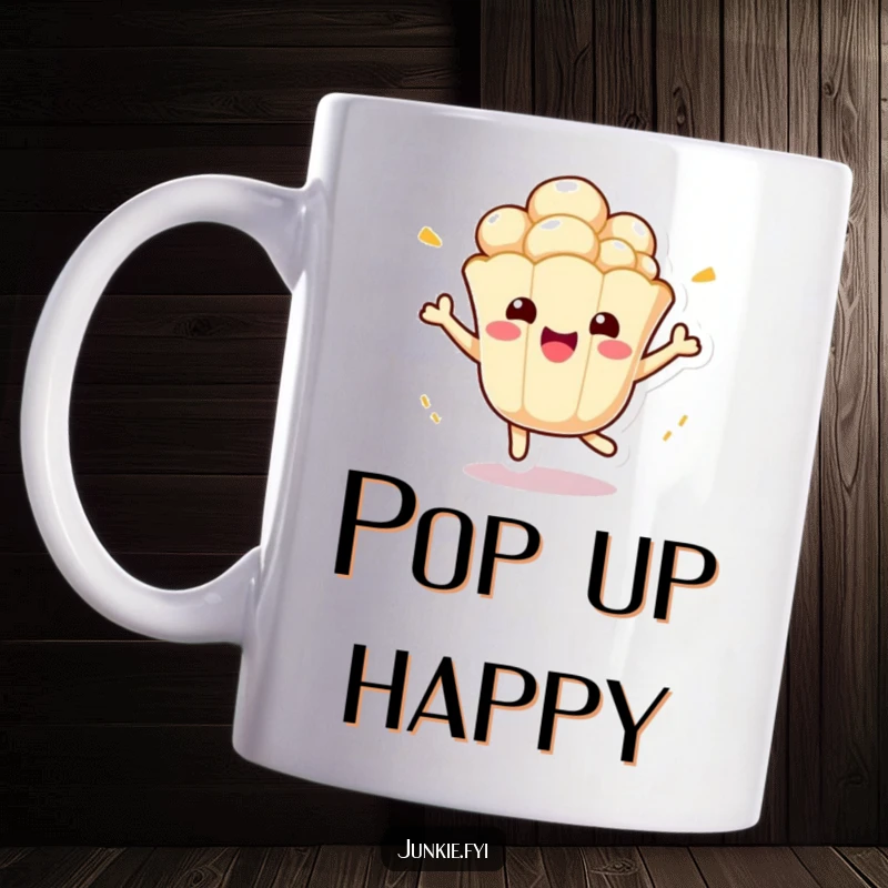 Funny Kawaii Popcorn Mug: A cute anthropomorphic popcorn kernel bounces excitedly, spreading joy and funny vibes.