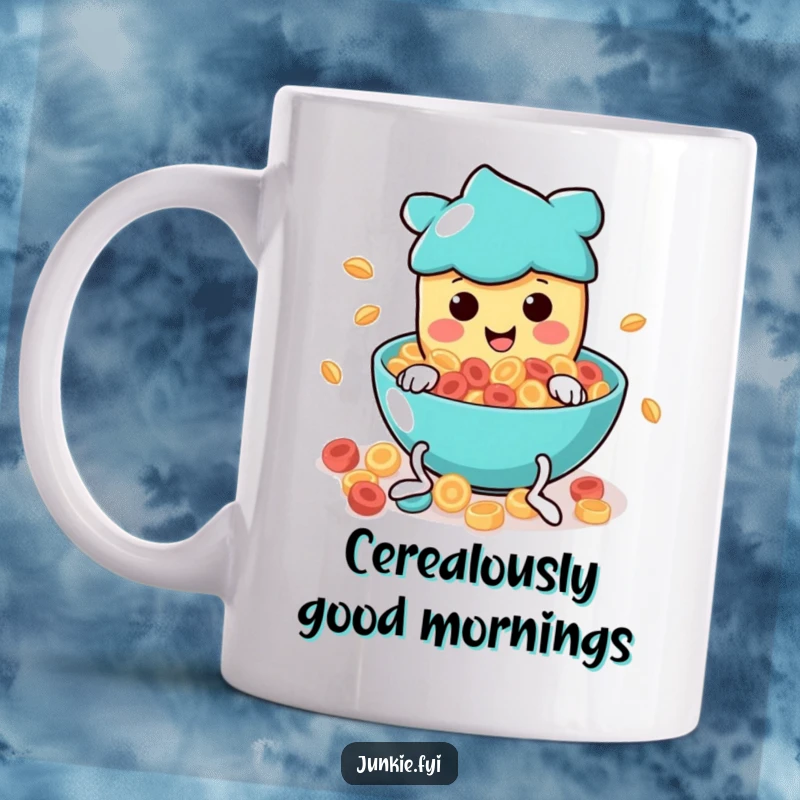 Funny Mug: A smiling food character with wiggly legs gleefully dives headfirst into a swirling bowl of colorful cereal.