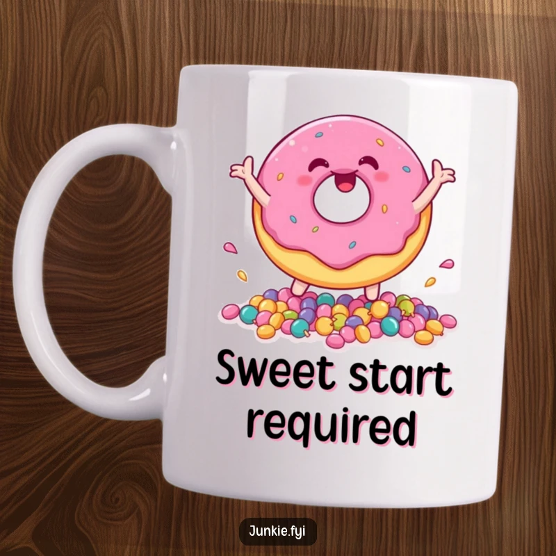 Funny donut character joyfully bouncing tiny candies, radiating happiness and sugary delight.
